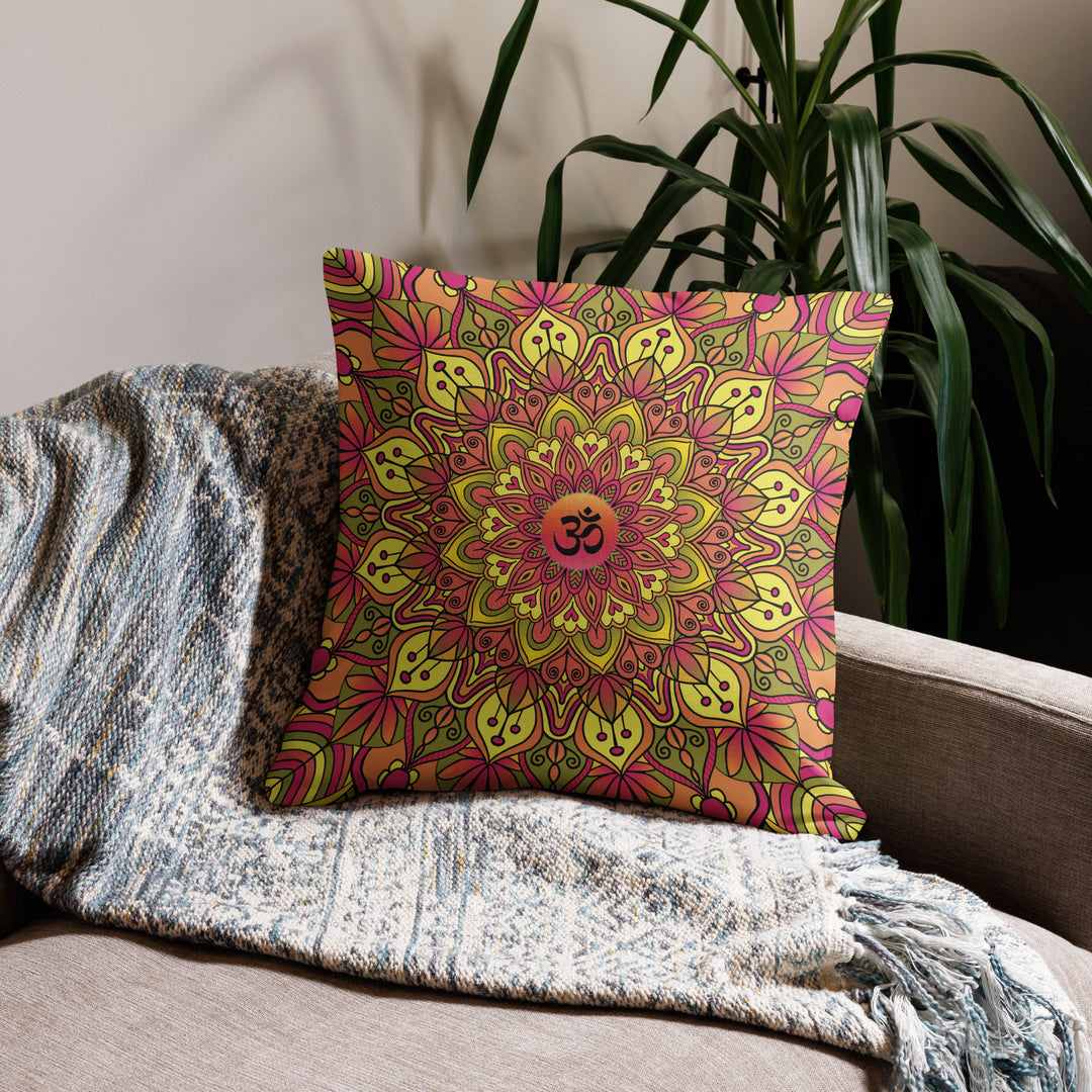 Ohm Bliss: Soft Yellow and Pink Mandala Pillow Cover