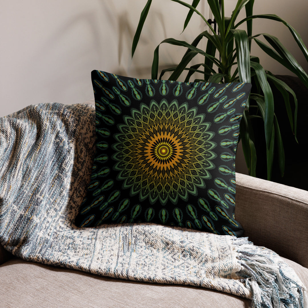 Garden Charisma: Green and Yellow Mandala Embellished Pillow Cover
