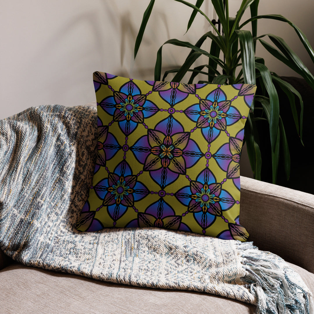 Vibrant Harmony: Kaleidoscope Mandala Pillow Cover in Purple, Blue & Yellow