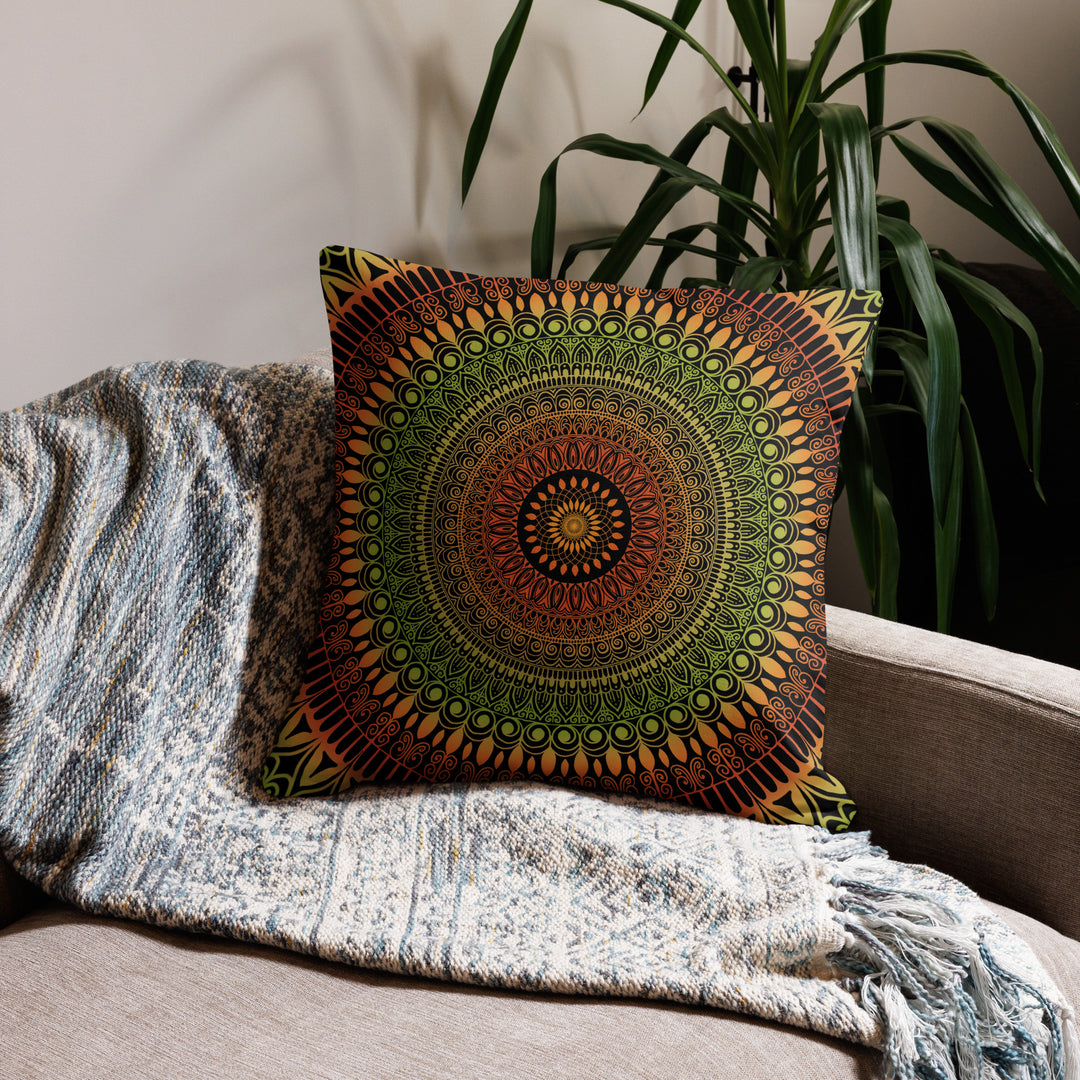 Rustic Charm: Mandala Pillow Cover in Terracotta & Green with Henna Details